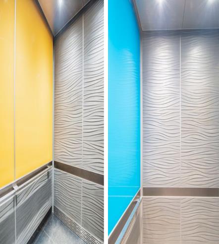 Crystal-Quartz Bonded S3 Surfaces™ elevator interior panels with textured white wave pattern